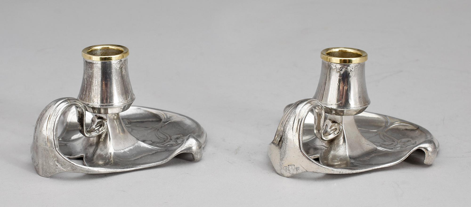 LJUSSTAKAR, 2 par, nysilver, Wurttembergische Metallwarenfabrik, jugend. Omkring 1900.