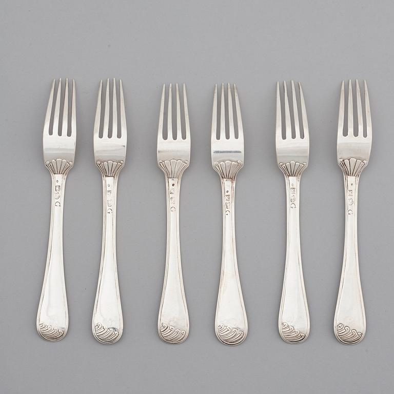 A set of six Swedish 18th century silver forks, mark of Carl Åberg, Arboga 1765.