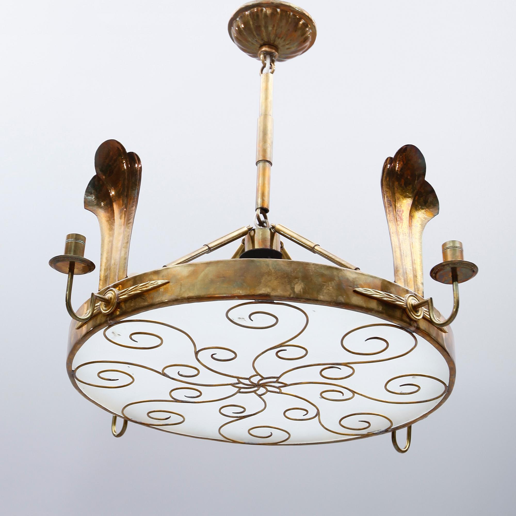 TAKLAMPA, mässing och glas, art déco, enligt uppgift Lars Holmström Arvika.