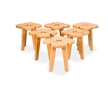 350. RAUNI PEIPPO, A set of 6 stools "Apila" (Four-leaf clover) for  Oy Stockmann Ab, Keravan Puusepäntehdas, Finland.