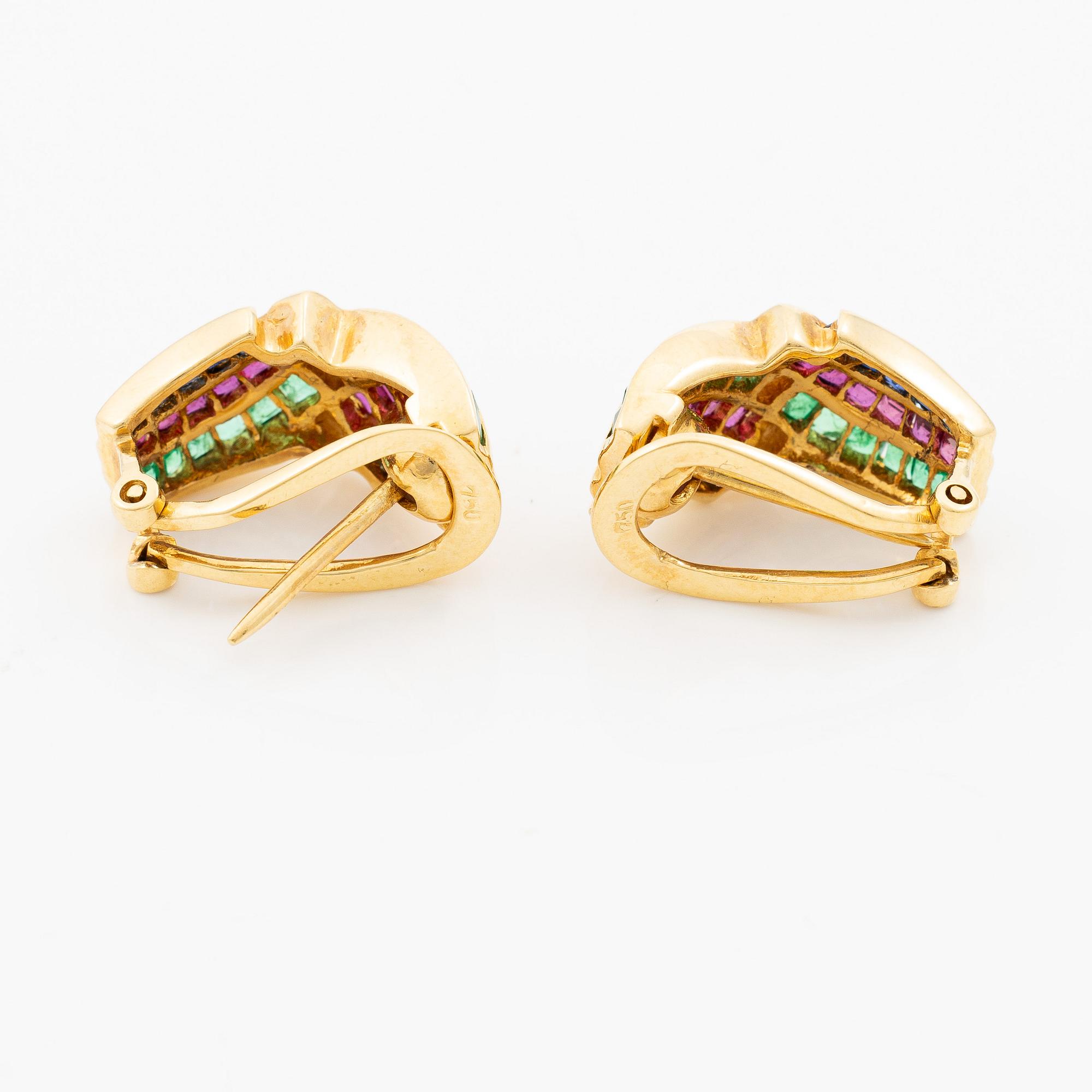 Earrings, a pair, 18K gold set with brilliant-cut diamonds, emeralds, rubies and sapphires.