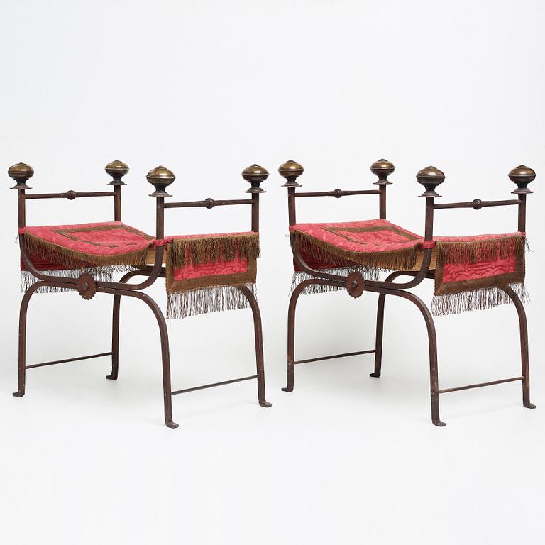 Scandinavian designer, possibly, a pair of iron and brass folding stools, 1920-30's.