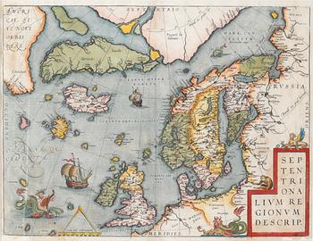 A hand colored map by Abraham Ortelius, "Septentrionalium Regionum Descrip.", probably 17th century.