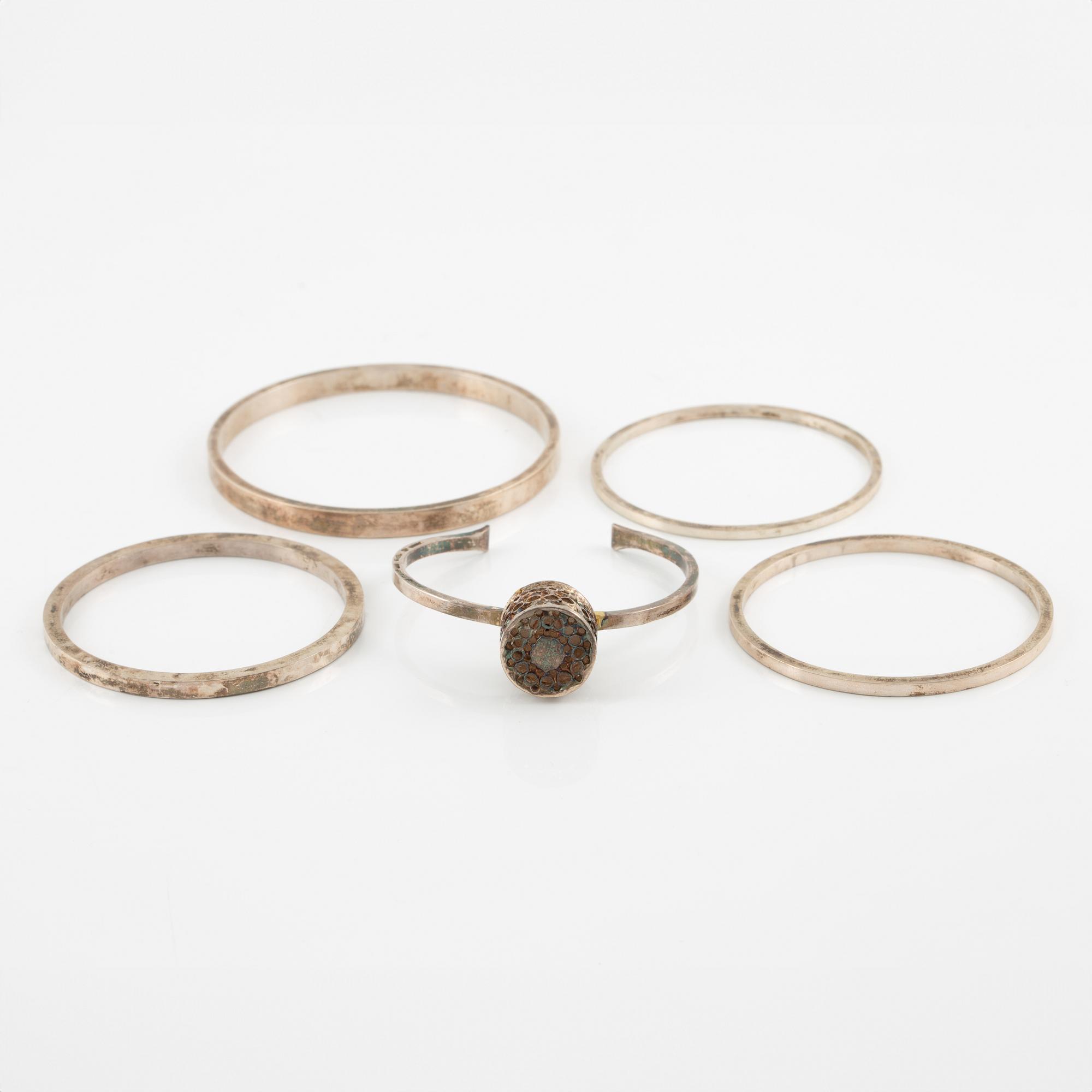 Lars Arby, five arm rings, sterling silver, Gothenburg 1963, 1967 and 1969.