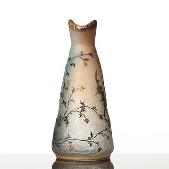 Daum, an opalescent etched and enamel painted glass vase, Nancy, France, 1890's.