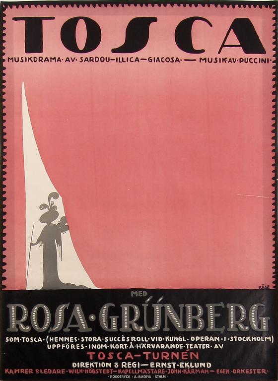 AFFISCH, tryck, "Tosca", sign Wilhelm Kåge i trycket, 1920-tal.