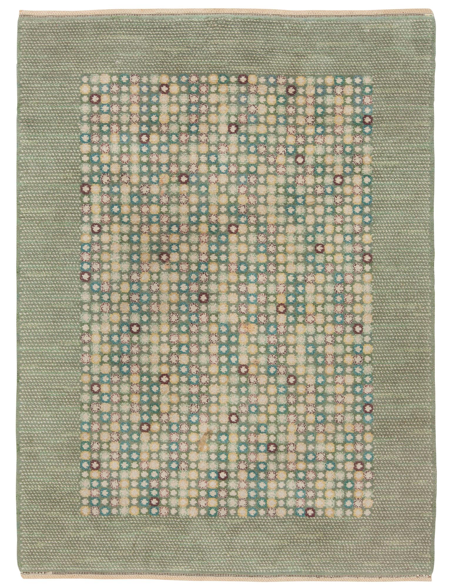 Barbro Nilsson, CARPET. "Falurabatten grön". Knotted pile. 255,5 x 188,5 cm. Signed AB MMF BN.