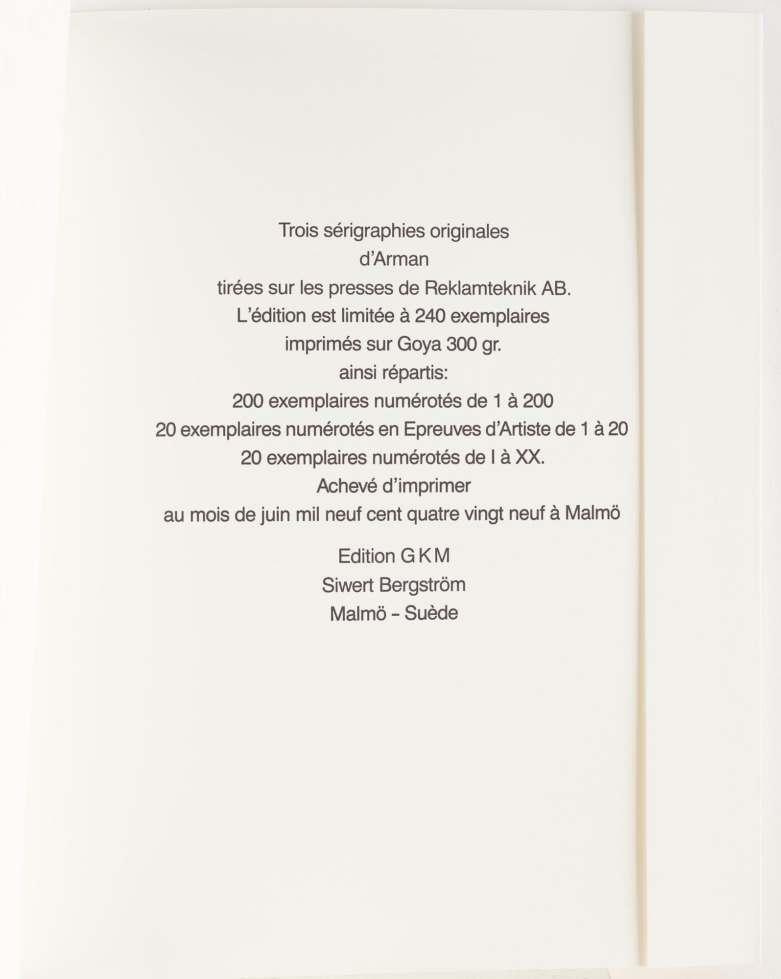 FERNANDEZ ARMAN, portfolia with 3 serigraphs in color, signed and numbered 180/200.