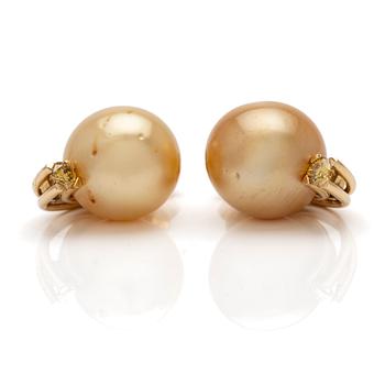 18K gold earrings with South Sea pearls and diamonds.