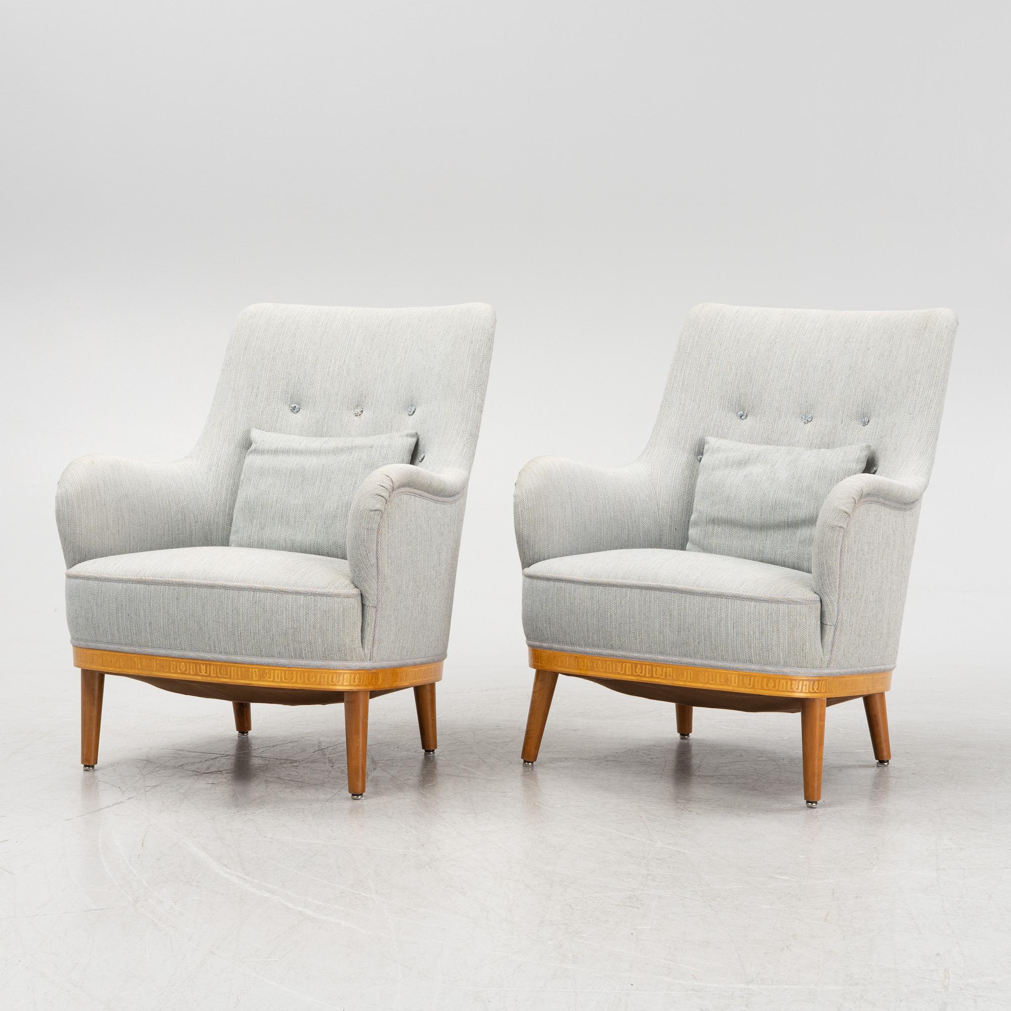 Carl Malmsten, attributed to. A pair of inlay easy chairs, mid 20th Century.