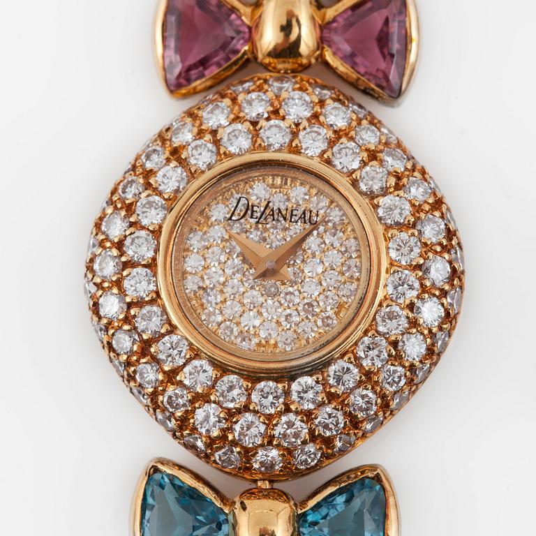 A DeLaneau ladies wristwatch set with brilliant-cut diamonds, pink topaz and aquamarine.