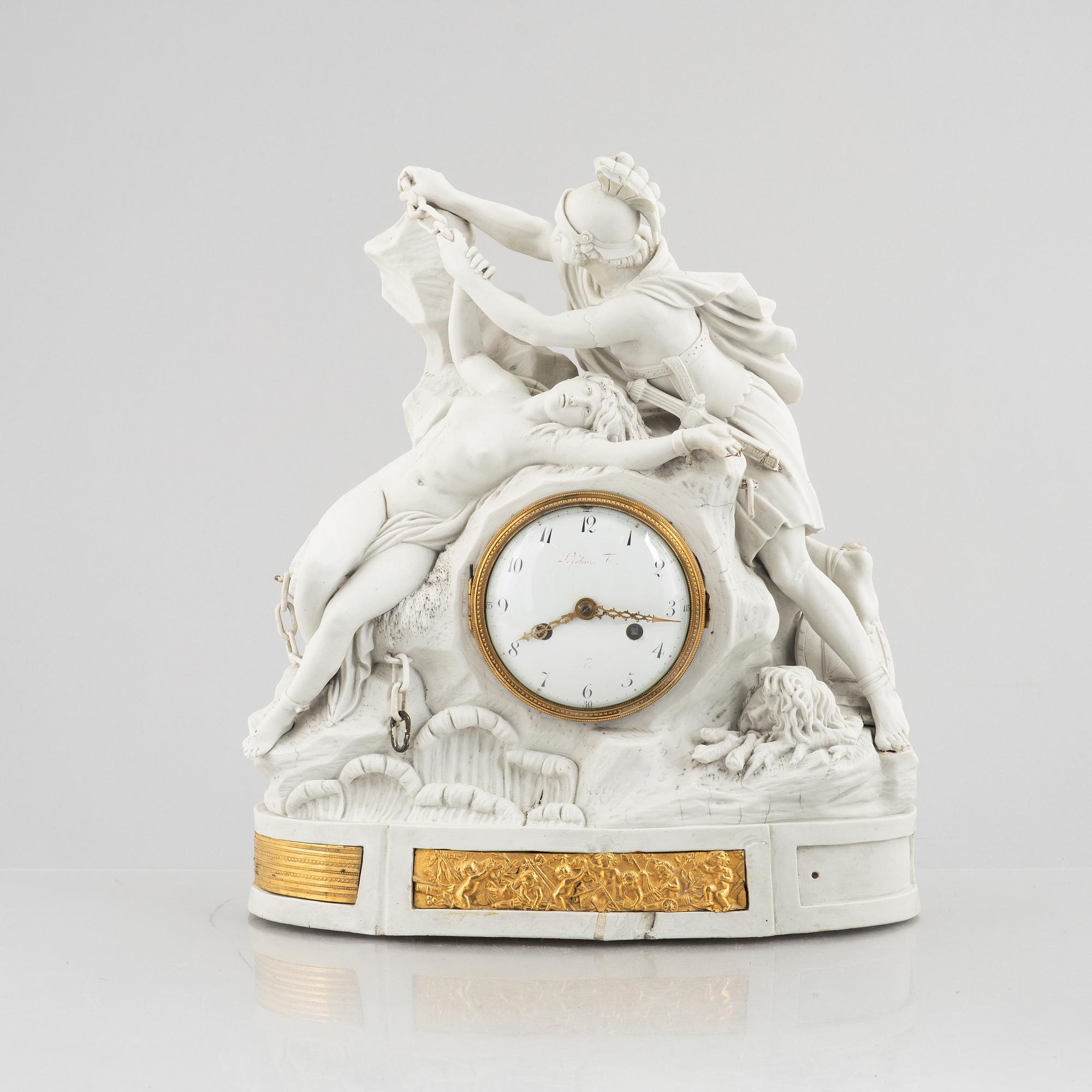 A French Louis XVI bisquit porcelain and ormolu-mounted figural mantel clock, late 18th century.