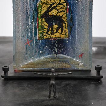 Bertil Vallien, a sand cast glass sculpture of a standing half-boat, Kosta Boda, Sweden.