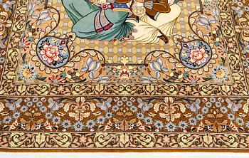 A pictoral part silk, Esfahan rug, signerad, 240 x 158 cm.