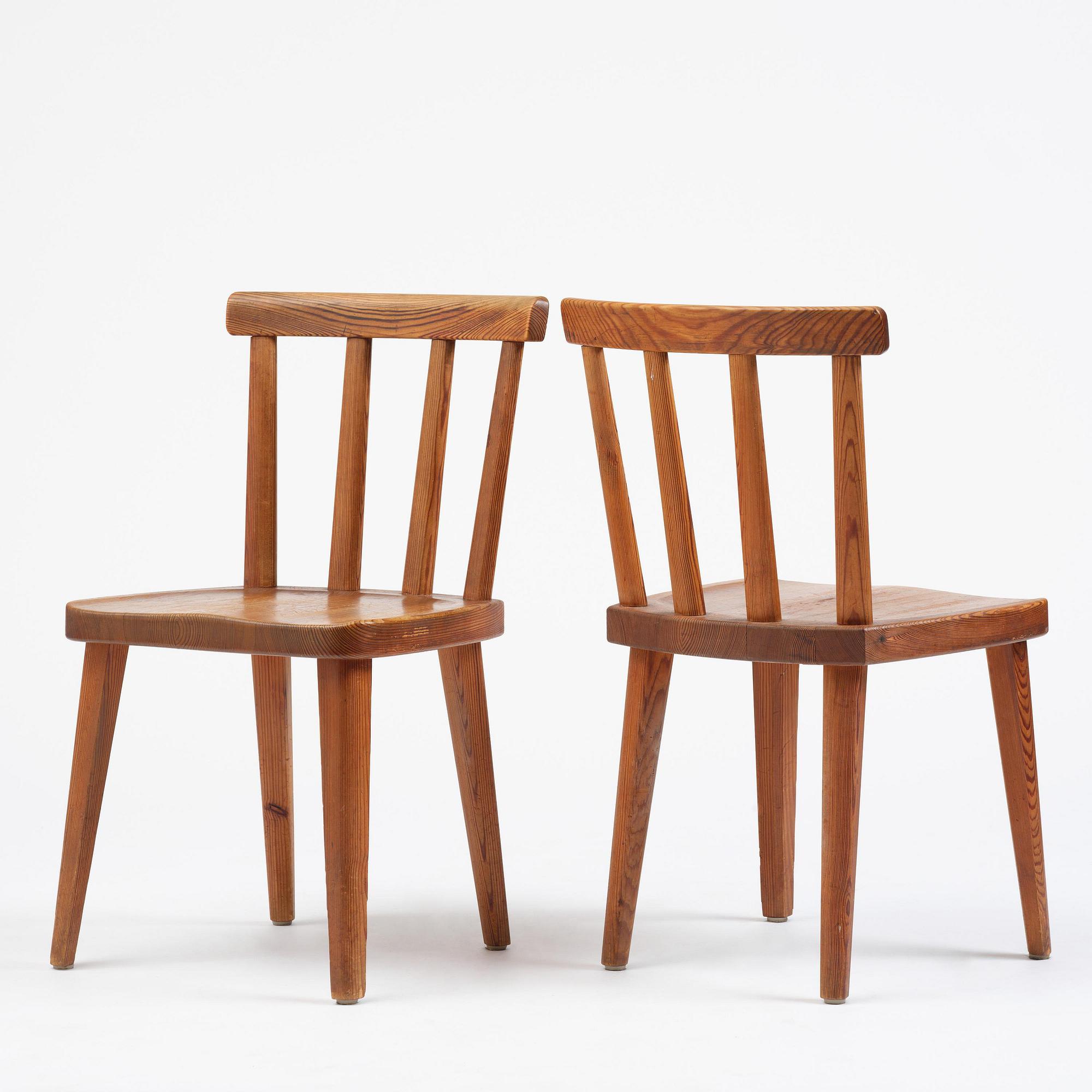 Axel Einar Hjorth, a set of six stained pine "Utö" chairs, Nordiska Kompaniet, Sweden, 1930s.