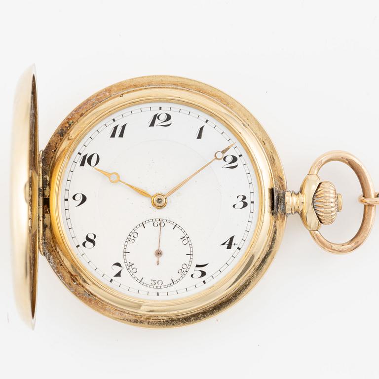 Pocket watch, Hunter, Alpina, 14K gold, chain 18K gold, 53 mm.