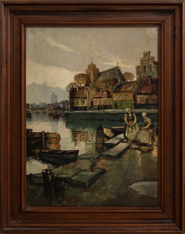 Unknown artist 20th century, Harbour scene with fishing women.