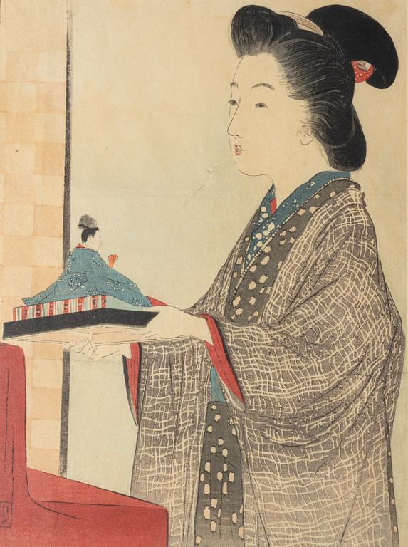 Träsnitt, fyra stycken, Ogata Gekko, Takeuchi Keishu och Kōgyo Tsukioka.