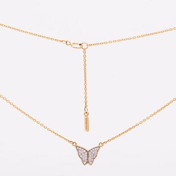 Necklace 18K with brilliant-cut diamonds 0,16 ct inscribed, approx 45 cm, butterfly approx 1 x 1 cm, original case.