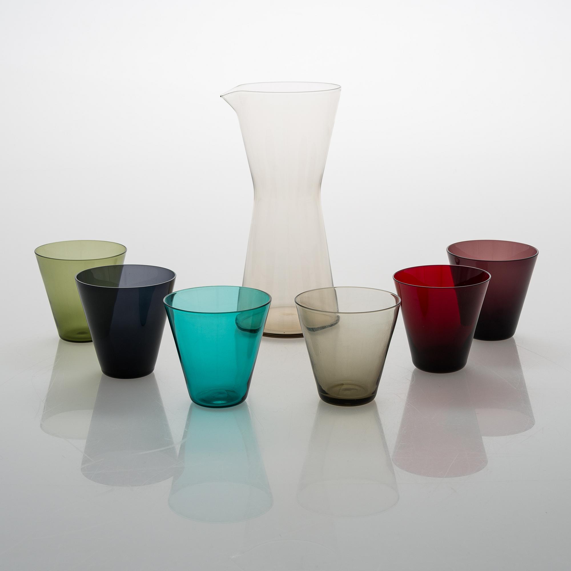 Kaj Franck,  Six '2744' drinking glasses for and Nuutajärv, 1950's. Jug '1610' for Iittala new production.