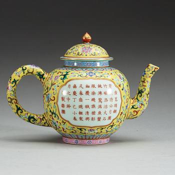 A yellow ground famille rose teapot and cover, presumably Republic with Jiaqings sealmark.