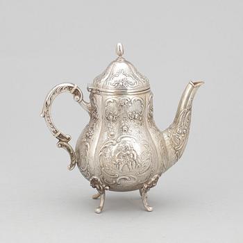 KAFFESERVIS, 4 delar, silver, rokokostil, bla Tyskland, svenska importstämplar. Tot ca 570 gram.