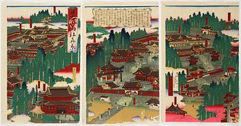 Three coloured woodblock prints, Japan, 20th century.