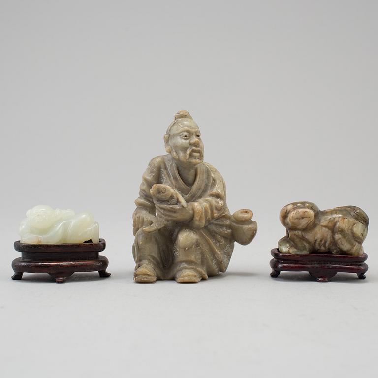 Three chinese 20th century nephrite and stone sculptures.