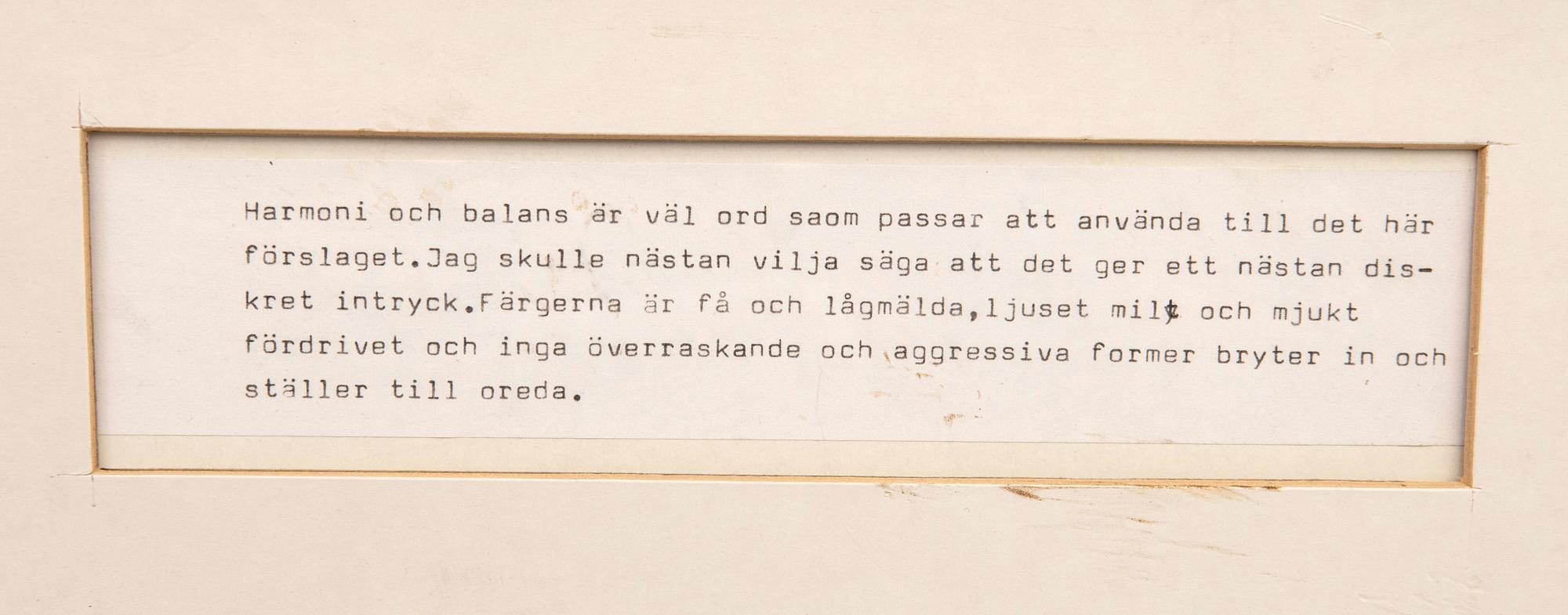 Peder Duke, "Förslag till konstnärlig utsmyckning på skärmvägg i matsal/sällskapsrum - Kv Kassaskåpet 10, Solna" 5 st.
