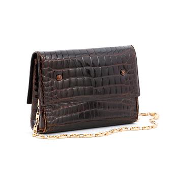 CÉLINE, a brown crocodile evening bag / shoulder bag with  shoulder strap.