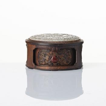 A well carved zitan and jade box, Qing dynasty, 18th century.