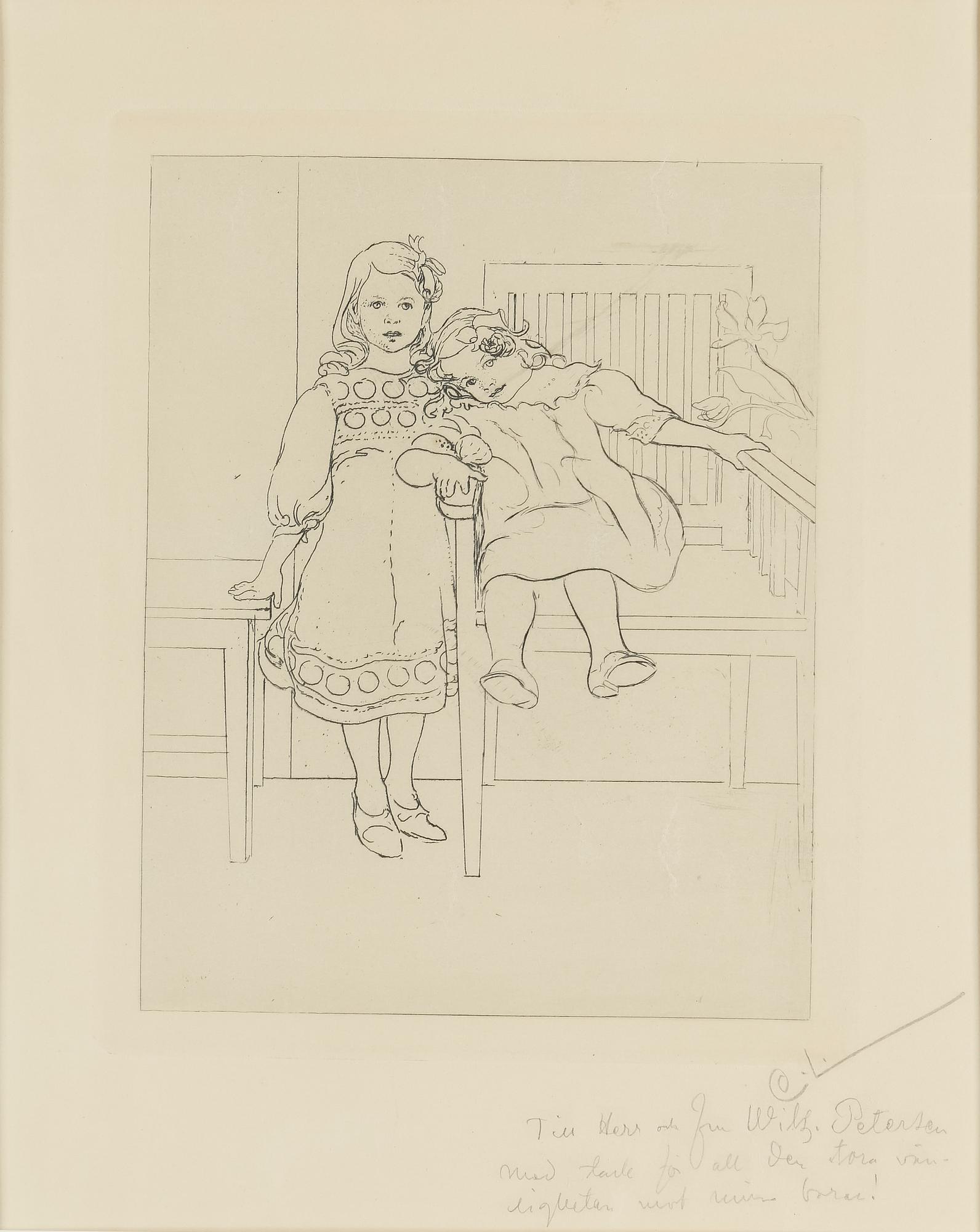 CARL LARSSON, etching, signed C.L. in pencil with dedication. Executed 1909. State 1. Very rare. "Two sisters".