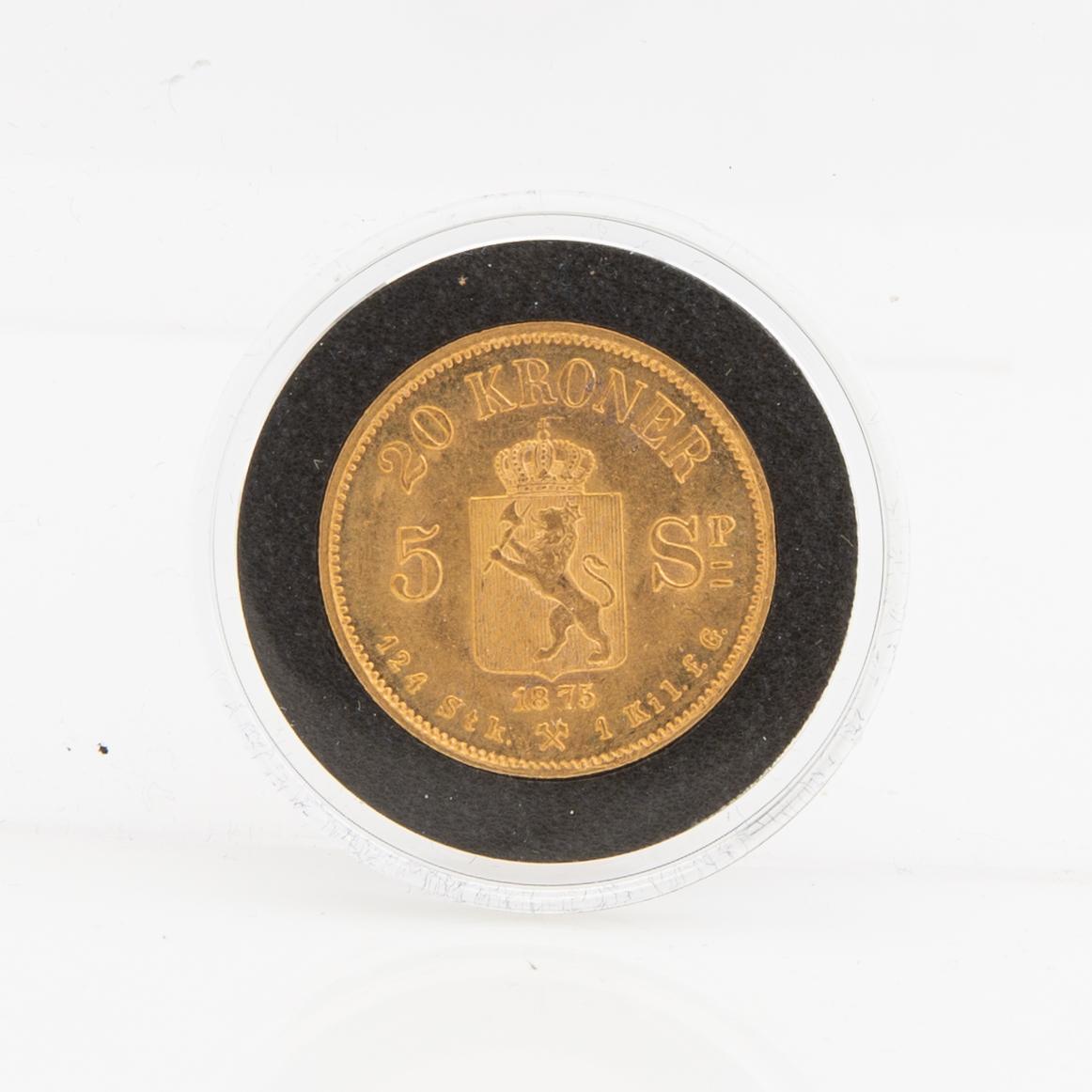 Guldmynt Norge, Oscar II 20 kr 5 Speciedaler, 1875.