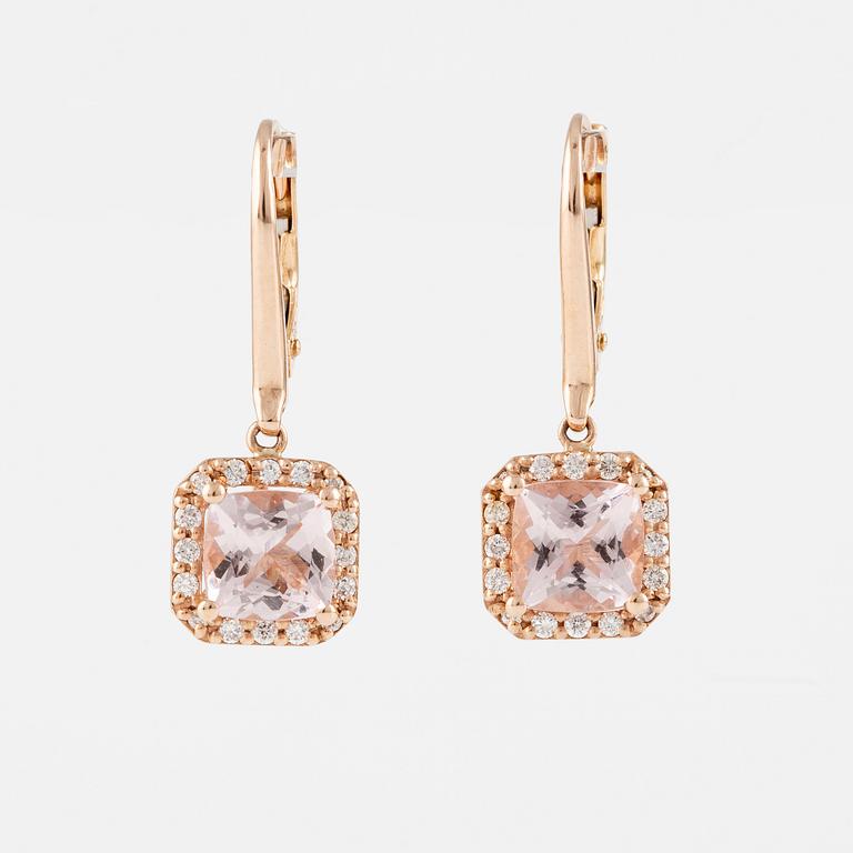 A pair of 14K gold earrings with faceted morganites and round brilliant-cut diamonds.