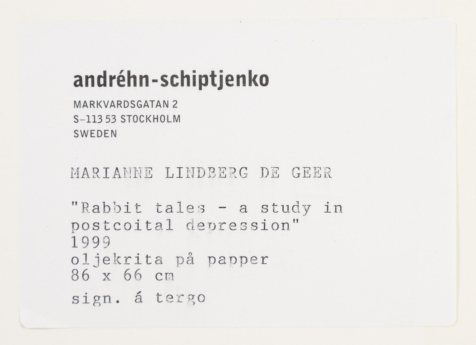Marianne Lindberg De Geer, chalk on paper, 1999, signed verso.