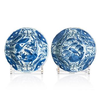 1150. Two blue and white 'klapmutz' dishes, Ming dynasty, Wanli (1572-1620).