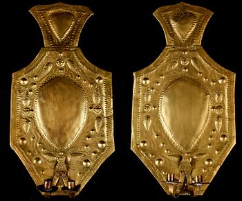 LJUSPLÅTAR, ett par, mässing, barockstil, omkring år 1900.