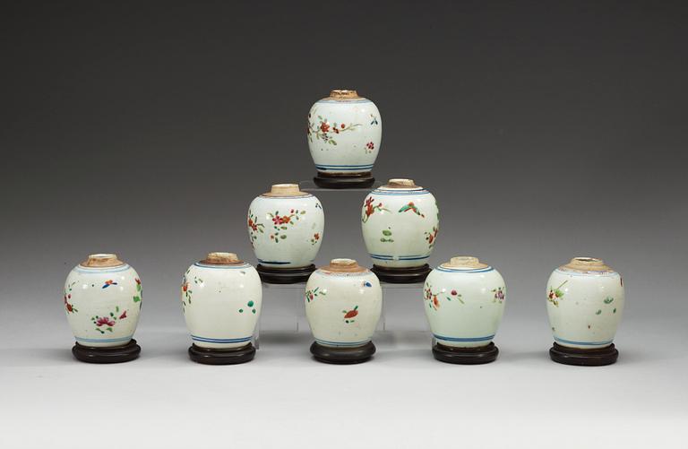 A matched set of eight famille rose tea caddys, Qing dynasty, ca 1800.