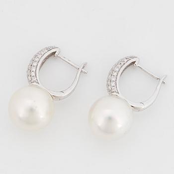 Pearl and brilliant-cut diamond earrings.