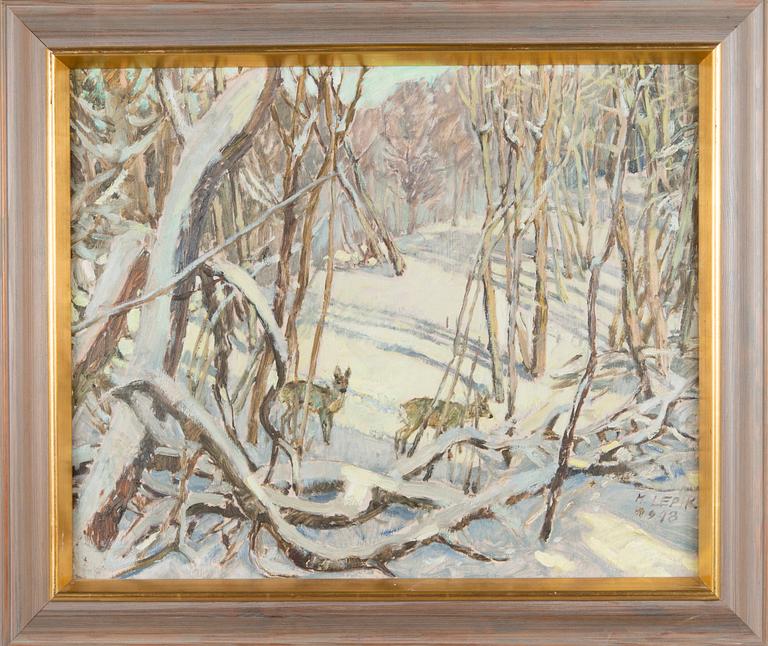 Hugo Lepik, Deer in Wintery Forest.