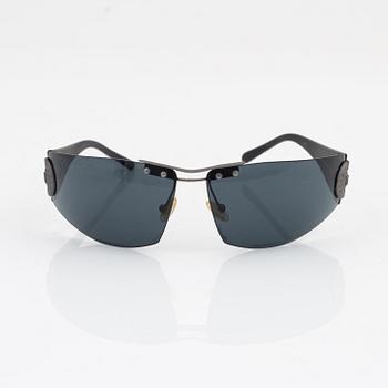 Céline, a pair of black and silver-color sunglasses.