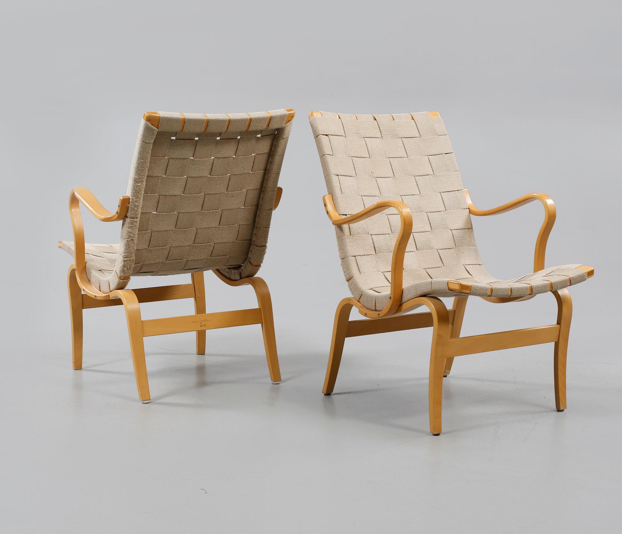 FÅTÖLJER, ett par, "Eva", Bruno Mathsson, Dux, 1900-talets andra hälft.