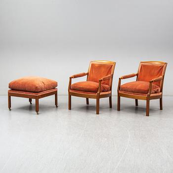 KERSTIN HÖRLIN-HOLMQUIST, a pair of 'Ofelia' armchairs with one foot stool, late 20th Century.