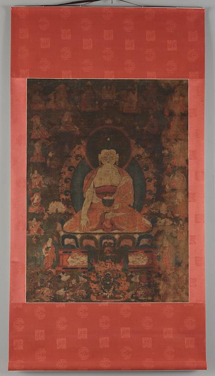 A Tibetan thangka of Shakyamuni Buddha with the eighteen  arhats, 18th century.