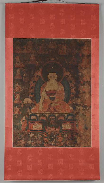 THANGKA, Shakyamuni Buddha med de aderton arhats, 1700-tal.