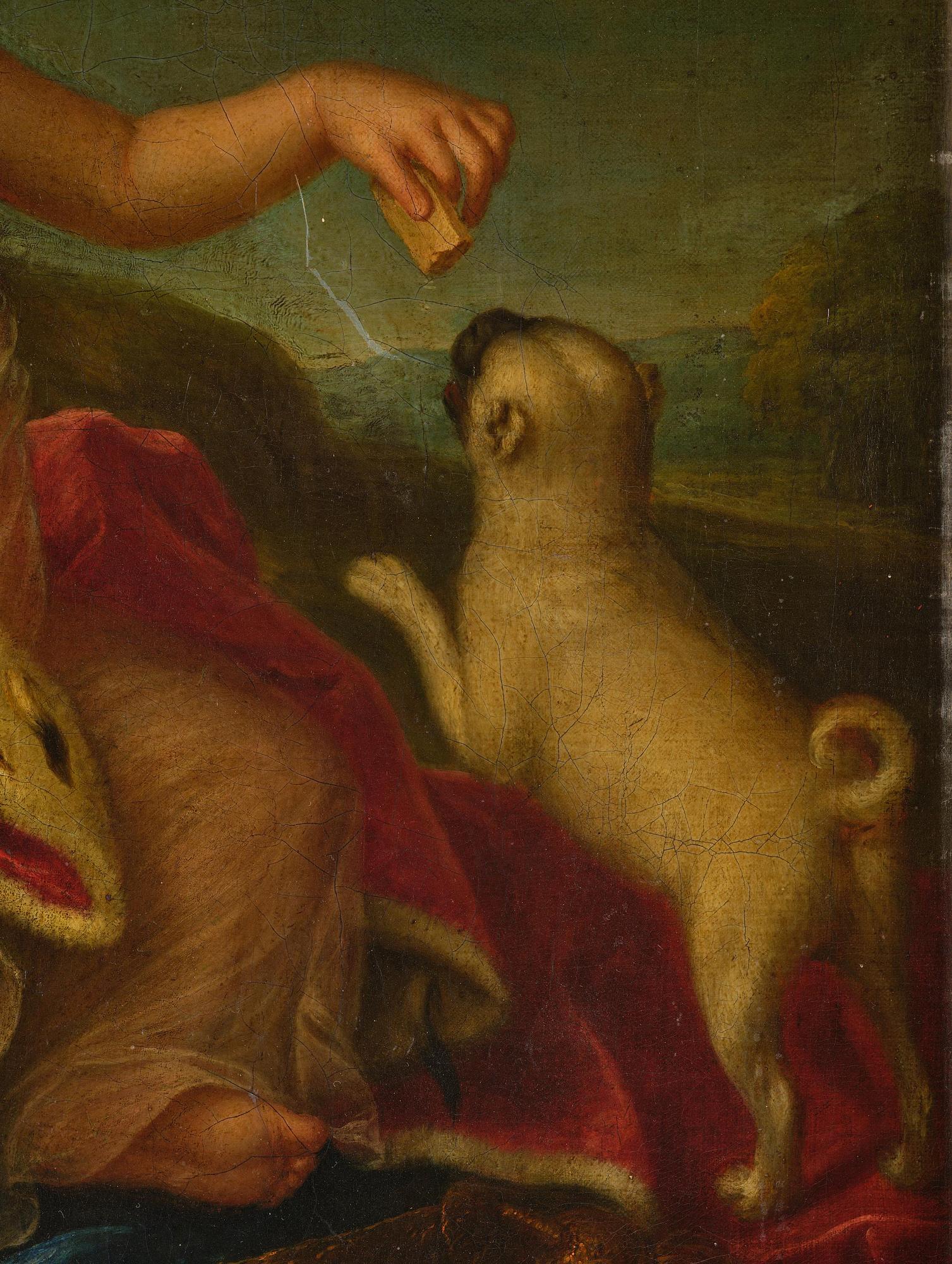 Nicolaes Maes, hans krets, Porträtt av en pojke i hermelinfodrad mantel och mops.