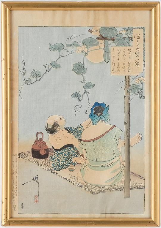 OKÄND KONSTNÄR, 9 st, träsnitt samt akvareller, Japan, 1800/1900-tal.