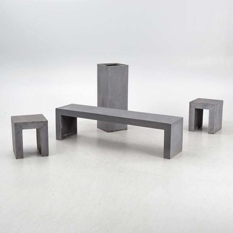 Garden bench, stools, and tall planter, contemporary manufacture.