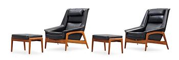 59. A pair of Folke Ohlsson teak and black leather lounge chairs and ottomans, 'Profil' by Dux, Sweden 1960's.