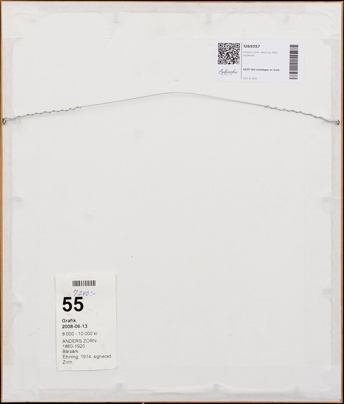 Anders Zorn, etsning, 1914, signerad.